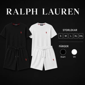  Ralph Lauren set, svart/ vit.  - Snyggt  set från Ralph Lauren med t-shirt och shorts. Båda plaggen har den klassiska röda loggan broderad på bröstet och benet. Setet är gjort i mjukt bomullsmaterial och har en avslappnad passform. Perfekt för en chill och stilren look. Finns i färgerna svart eller vit. Flera storlekar finns. 