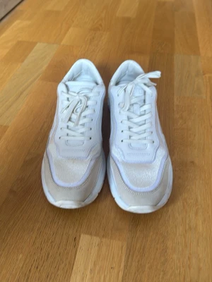 Vita chunky sneakers från BOSS - Säljer ett par vita chunky sneakers från BOSS med detaljer i mesh och mockaimitation. Skorna har tjock sula, klassisk snörning och diskret logga på hälen. Perfekta för dig som gillar stilrena och trendiga sneakers.