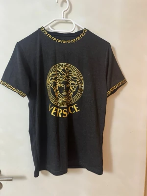 Svart  t-shirt med guldtryck - Snygg svart t-shirt med ikoniskt Medusa-tryck i guld på bröstet och guldfärgade grekiska mönster runt krage och ärmslut. Klassisk passform och korta ärmar, perfekt för dig som vill sticka ut med stil.