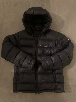 Svart pufferjacka från Peak Performance - Säljer en svart pufferjacka från Peak Performance med huva och dragkedja framtill. Jackan har diskret logga på bröstet och vänster ärm, samt breda quiltade sektioner. Perfekt för kalla dagar och riktigt snygg streetstil.