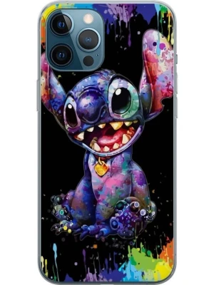 Färgglatt Stitch mobilskal - Snyggt mobilskal med motiv av Stitch i färgstark, konstnärlig design. Skalet har en svart bakgrund med stänk av regnbågsfärger och passar perfekt för dig som gillar unika och lekfulla accessoarer. Tillverkat i tåligt plastmaterial.