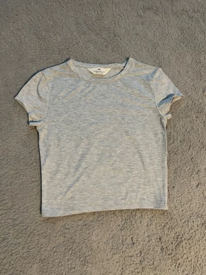 Ljusgrå croppad t-shirt från H&M - En ljusgrå croppad t-shirt från H&M med rund halsringning och korta ärmar. Mått: Längd 40cm, Bredd under armarna 35m, Bredd nertill 31cm. Material: 61% Polyester, 34% Viskos, 5% Elastan.