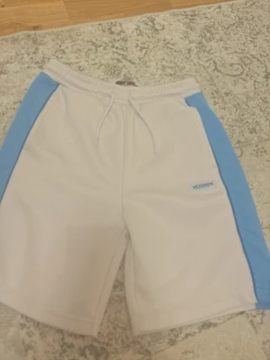 mckenzie shorts - Snygga vita shorts från Iconic med ljusblå paneler på sidorna och snörning i midjan. Perfekta för sommaren och sportiga outfits. Mjukt material och avslappnad passform gör dem riktigt bekväma.