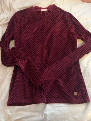 Vinröd ribbad långärmad topp - Vinröd långärmad topp i ribbad sammet med snygg struktur och rund hals. Toppen har en elegant, mörk vinröd färg och ett litet metallmärke nertill. Perfekt för dig som vill ha en trendig och bekväm look.