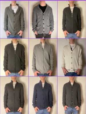 Gråa stickade koftor med knappar och dragkedja - Samling av olika gråa stickade koftor i olika nyanser och modeller. Flera har knappar eller dragkedja framtill, vissa med ribbade muddar och fickor. Perfekta för lager på lager och en avslappnad stil.