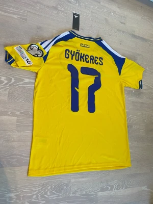 Sverige matchtröja med  Gyökeres #17  - Tja! Säljer en helt ny Gyökers Sverige tröja.                       Den är helt ny och inga hål eller fläckar.                                Storlek M och måtten kan du se på dem sista bilderna📐.                                                                              Priset kan diskuteras och jag skickar inom 24 Tim☺️💨