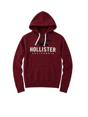 Vinröd hoodie från Hollister - Snygg vinröd hoodie från Hollister med vit broderad logga och text på bröstet. Klassisk känguruficka framtill, vita dragsnören och stor huva. Perfekt för en avslappnad och trendig stil. Mjuk bomullsblandning som känns skön mot huden.