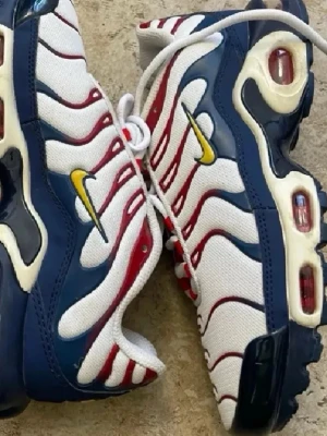 Nike Air Max Plus blå/röd/vit - Nike Air Max Plus sneakers med vit mesh, blå och röda vågformade detaljer samt gula Swoosh-loggor. Skorna har synliga Air Max-enheter i sulan och robust gummisula. Klassisk siluett med sportig vibe och cool färgkombo.