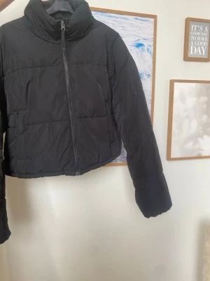 Svart pufferjacka med hög krage - Säljer en svart pufferjacka med hög krage och dragkedja framtill. Jackan har en boxig passform och quiltade sömmar som ger en klassisk look. Perfekt för kalla dagar och enkel att matcha med olika outfits. Fler, bättre bilder kan skickas vid intresse💕