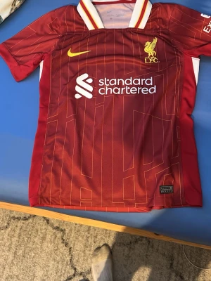 Liverpool matchtröja M. Salah #11 - Röd Liverpool FC matchtröja från Nike med gula och vita detaljer. Tryck med Standard Chartered på framsidan och M. Salah samt nummer 11 på ryggen. Klassisk krage med gula och vita ränder. Perfekt för fotbollsfans och samlare.