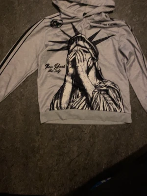 Grå hoodie med Lady Liberty - Säljer en grå hoodie med svart tryck av Frihetsgudinnan som täcker ansiktet och texten 'New York the city' på framsidan. Tröjan har svarta ränder längs ärmarna och huva. Perfekt för dig som gillar streetwear