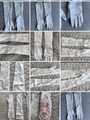 Vita långa spetsprydda satinhandskar - Oanvänd.Eleganta vita långa handskar i satin med detaljerad spets och broderier upptill. Handskarna har en glansig finish och romantiska spetskanter som ger en lyxig känsla. Perfekta för dig som vill ha något extra till din outfit.