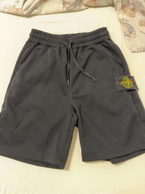 Grå shorts från Stone Island - Säljer ett par grå shorts från Stone Island med elastisk midja och snörning. Shortsen har sidofickor och den klassiska Stone Island-loggan på benet. Perfekta för sommaren och riktigt sköna att bära till vardags.