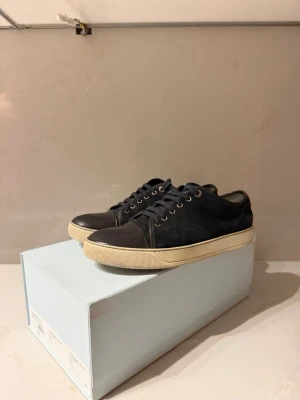 Lanvins - Säljer mina marinblå Lanvins eftersom de inte passar mig längre. Skorna är äkta och har nyligen varit inlämnade på professionell sneaker-tvätt, vilket kostade 500 kr. De har inte använts efter tvätten.  Skicket är bra. Det enda att nämna är att sulan/inläggssulan på vänster sko är lite sliten/går in något, men det är enkelt att byta ut vid behov. Mer bilder kan skickas vid seriösa köpare 