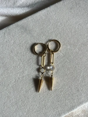 Guldtonade örhängen med konhänge - Snygga örhängen i guldtonad metall med rund ring, rektangulär länk och ett litet transparent pärlliknande inslag. Hängena avslutas med en konformad detalj som ger en edgy look. Perfekta för dig som gillar statement-smycken.