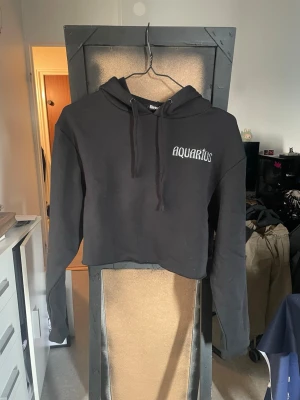 Svart cropped hoodie med Aquarius-tryck från DollsKill - Säljer en svart cropped hoodie från DollsKill med texten 'AQUARIUS' på bröstet och ett stort tryck av en måne och stjärnor på ryggen. Hoodien har huva med dragsko och långa ärmar. Perfekt för dig som gillar stjärntecken och vill ha en unik stil.
