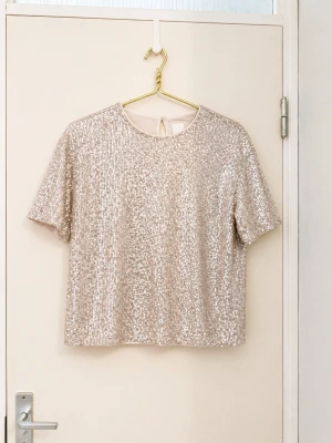 Glittrig champagnefärgad topp - Säljer en glittrig topp i champagnefärg med korta ärmar och rund hals. Toppen är täckt av paljetter som ger ett riktigt snyggt skimmer och har en liten knapp i nacken. Perfekt för dig som vill sticka ut lite extra.