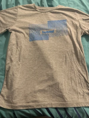 Grå Hummel t-shirt med blått tryck - Snygg grå t-shirt från Hummel med ett blått grafiskt tryck och logga på bröstet. Klassisk passform och rund halsringning. Tillverkad i mjuk bomull som känns skön mot huden. Perfekt för en avslappnad och sportig stil.