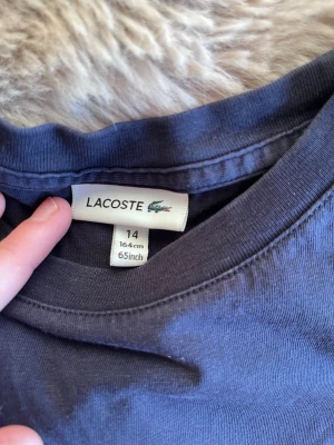 Mörkblå Lacoste t-shirt med logga - Skulle inte säga storlek 14. Då jag är 17 och passar i den, dock är det skillnad på alla men keep that in mind. Snygg mörkblå t-shirt från Lacoste med stor krokodillogga och text på bröstet. Klassisk rund halsringning och korta ärmar. Tillverkad i mjuk bomull som känns skön mot huden. Perfekt för en clean och sportig look.