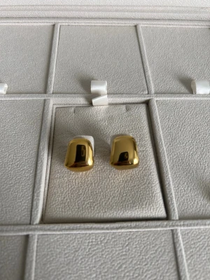 Guldpläterade chunky örhängen från Muli collection  - Säljer ett par chunky örhängen i guldpläterad metall från Muli Collection . De har en modern, rundad och något fyrkantig form som ger en cool och trendig look. Perfekta för dig som gillar statement-smycken och vill addera lite extra glans till din stil. Ordinarie 499kr, pris 350kr