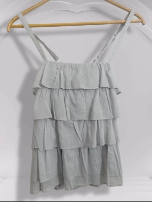 Ljusgrå volangtop med axelband Buddha - Säljer denna vackra gråa topp med volanger från märket Buddha🤍 Den är helt ny och aldrig använd!❤️ SKICK: helt ny med etikett✨ MÄRKE: Buddha 🌸 STORLEK: M❤️‍🔥 FRAKT: Skickar samma eller nästa dag!❤️ 