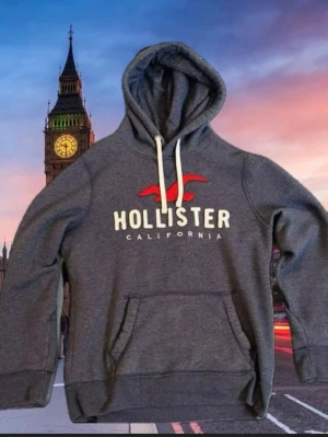 Mörkgrå hoodie från Hollister - Mörkgrå hoodie från Hollister med stor vit logga och röd fågel på bröstet. Klassisk känguruficka framtill och vita dragsnören i huvan. Mjuk insida i fleece och avslappnad passform. Perfekt för chill dagar och streetwear vibes.