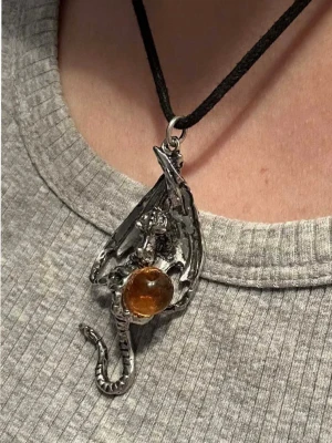 Halsband med Drake och Bärnstensfärgad Pärla - Unikt halsband med en detaljerad drake i silverfärgad metall som håller en bärnstensfärgad pärla. Hängs i ett svart snöre och har en fantasyinspirerad design som verkligen sticker ut. Perfekt för dig som gillar mytologi och coola accessoarer. I jättefint skick. Ingen stämpel.