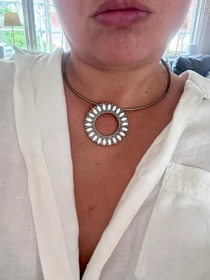 Chokerhalsband med pärldetaljer - Unikt chokerhalsband i metall med en stor rund hängande dekoration. Dekorationen är prydd med vita pärlliknande detaljer i ett cirkelformat mönster. Halsbandet har en stilren och modern känsla som sticker ut.