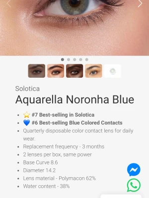 Aquarella Noronha Blue linser - Säljer ett par färgade kontaktlinser från Aquarella i nyansen Noronha Blue. Förpackningen har en snygg akvarell-design och linserna är utan styrka (P - 0.00). Perfekt för dig som vill ha en fin blå ögonfärg. Quarterly lenses . New and sealed 