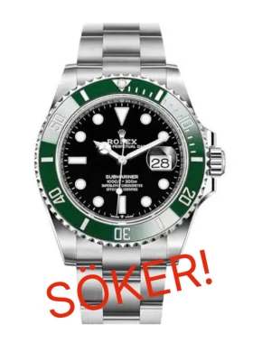 Rolex Submariner med grön bezel -  Söker Klassisk Rolex Submariner med svart urtavla och grön bezel. Klockan har datumfönster vid kl 3 och robust länkarmband i silverfärgat stål. Ikonisk design med tydliga indexmarkeringar och vridbar ring. Perfekt för dig som gillar stilrena accessoarer med attityd.