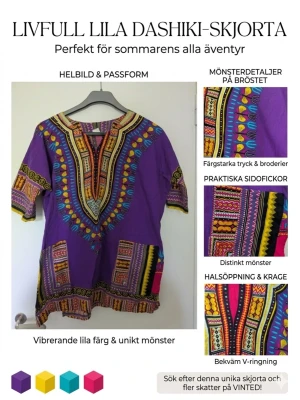 Lila dashiki-skjorta med färgstarkt mönster - Unik dashiki-skjorta i vibrerande lila med färgstarka tryck och broderier i gult, blått, rött och svart. Skjortan har v-ringning, korta ärmar och praktiska sidofickor. Perfekt för dig som vill sticka ut med ett distinkt och livfullt plagg.