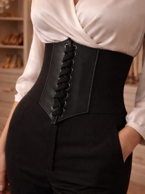 Svart korsettbälte med snörning - Snyggt svart korsettbälte med bred resår och snörning framtill. Bältet har en markerad midja och detaljer i skinnimitation. Perfekt för att lyfta vilken outfit som helst och ge en edgy vibe.