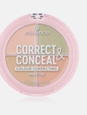 Essence Correct & Conceal Palette - Fyrfärgad concealerpalett från Essence med nyanser i grönt, persika, beige och ljusrosa. Perfekt för att täcka rodnad, mörka ringar och ojämnheter. Kommer i en rund, rosa plastförpackning med genomskinligt lock. Smidig att ha med i väskan.