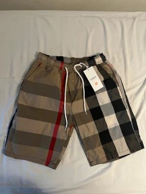 Beige rutiga shorts - Snygga beige shorts med klassiskt rutigt mönster i svart, vitt och rött. Shortsen har elastisk midja med vit snörning och avslappnad passform. Perfekta för sommaren och ger en trendig look till din outfit.