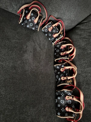 Minihandväska med monogrammönster - Säljer en svart minihandväska från Louis Vuitton med klassiskt vitt monogrammönster. Väskan har ljusa handtag och detaljer med röda kanter samt guldfärgade dragkedjor. Perfekt accessoar för dig som gillar lyxiga och trendiga detaljer. Så söta väskor perfekta till att sätta på din stora väska eller låta sitt barn använda till dockor eller bara prydnad. Man får alla fem på köpet 