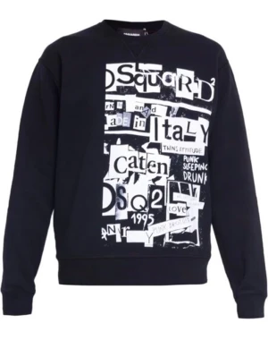 Svart sweatshirt från Dsquared2 - Cool svart sweatshirt från Dsquared2 med stor grafisk print framtill i vitt och svart med text och collage-inspirerade detaljer. Rund halsringning och ribbade muddar vid ärmslut och nederkant. Perfekt för en streetwear-look.
