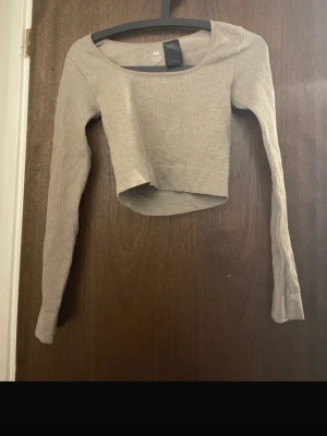 Beige croppad ribbad topp  - Trendig croppad topp från H&M i beige ribbat material. Toppen har lång ärm och bred, rund halsringning. Perfekt för träning.