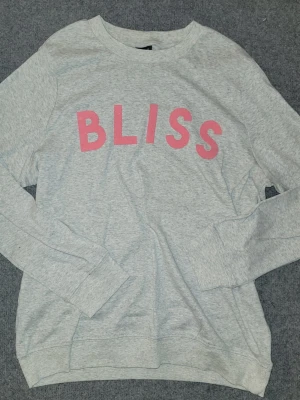 Grå sweatshirt med rosa text BLISS - Ljusgrå sweatshirt med trycket BLISS i stora rosa bokstäver på bröstet. Tröjan har rund halsringning, långa ärmar och ribbade muddar vid ärmslut och nederkant. Tillverkad i mjukt bomullsmaterial för en avslappnad look.