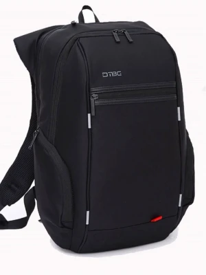 Svart ryggsäck från DTBG - Snygg svart ryggsäck från DTBG med minimalistisk design. Ryggsäcken har flera smarta fack, inklusive ett dolt fack på baksidan för mobil eller plånbok. Tillverkad i slitstarkt syntetmaterial med vadderade axelband och detaljer i rött och vitt.