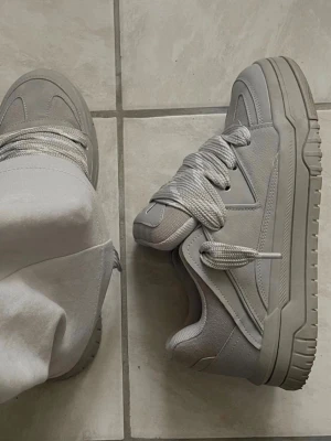 Bershka shoes - Säljer ett par grå chunky sneakers med bred sula och extra tjocka skosnören. Skorna har en modern siluett med paneler i både mocka och syntetmaterial. Perfekta för dig som gillar streetwear och vill sticka ut med en clean look.