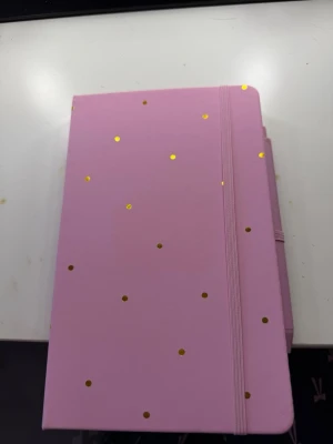 Dagbok - Säljer en rosa dagbok med guldfärgade prickar och elastiskt band. Inuti finns sidor för daglig reflektion, tacksamhet och affirmationer. Perfekt för dig som gillar att planera och skriva ner tankar. Endast skrivit en sida som jag rivit bort!