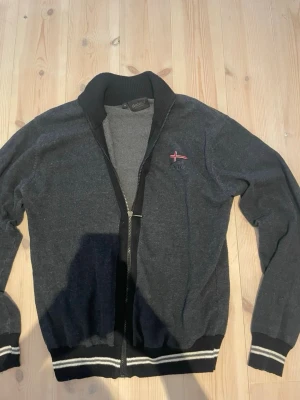 Mörkgrå fullziptröja från Dahlin  - Mörkgrå fullziptröja från Dahlin med broderad Scandinavisk flagga på bröstet. Tröjan har svarta och vita ränder på muddar och krage, samt ribbade avslut. Perfekt för en avslappnad och stilren look. Skicket är bra men har någon lös tråd som kan enkelt klippas bort