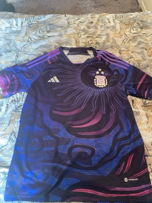 Argentina Adidas matchtröja lila - Säljer en lila och blå Argentina matchtröja från Adidas med unikt sol- och ögonmönster samt AFA-logga på bröstet. Tröjan har lila och rosa detaljer på axlarna och är tillverkad i lätt, ventilerande material. Perfekt för fotboll eller streetwear.