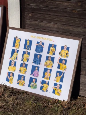Sverige Poster VM 26 - Gräver guld i USA - Snygg poster med illustrationer av svenska VM truppen i gula matchtröjor. Texten 'Gräver guld i USA part 2' står högst upp. Tryckt på vitt papper med blå bakgrunder bakom spelarna. Perfekt för dig som älskar fotboll och vill ha något unikt på väggen.