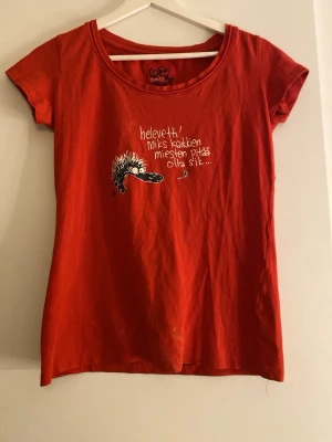 Röd t-shirt med igelkott-tryck - Cool röd t-shirt med rund halsringning och korta ärmar. Framsidan har ett tryck med en tecknad igelkott och text på finska, och baksidan har en fortsättning på motivet. Perfekt för dig som gillar unika och roliga plagg. Finns lite fläckar i botten av tröjan!!