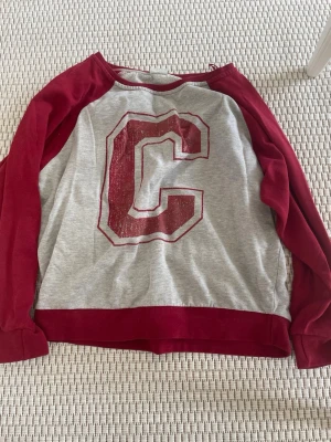 Grå och vinröd hoodie med stort C - Snygg hoodie i grått med vinröda ärmar och detaljer. Stor bokstav C i vinrött framtill ger en cool collegekänsla. Mjuk och skön, perfekt till jeans eller mjukisbyxor. Rund halsringning och avslappnad passform.