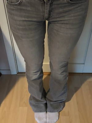 Grå bootcut jeans med låg midja - Säljer ett par gråa bootcut jeans med låg midja och klassisk femficksmodell. Jeansen har en lätt tvättad look och är tillverkade i ett mjukt denimtyg som sitter snyggt över höfterna och har utsvängda ben. Perfekta för en avslappnad och trendig stil.