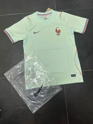 Frankrike Nike fotbollströja ljusblå - Snygg ljusblå fotbollströja från Nike med Frankrikes landslagsmärke och två stjärnor på bröstet. Tröjan har korta ärmar, rund hals och röda detaljer längs sidorna samt trikolorfärgade muddar. Perfekt för match eller träning.