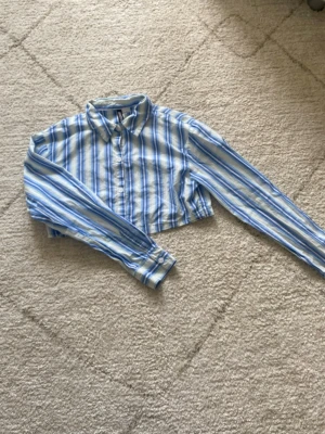 Randig blåfärgad skjorta - Snygg croppad skjorta med blå och vita ränder. Skjortan har klassisk krage, knäppning framtill och långa ärmar. Köpt från H&M