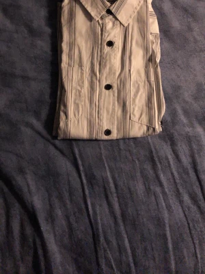 Randig långärmad skjorta med knappar - Säljer en vit skjorta med svarta vertikala ränder och svarta knappar. Skjortan har lång ärm och klassisk krage, perfekt för en clean och stilren look. Materialet känns som bomull och skjortan har en relaxed passform.